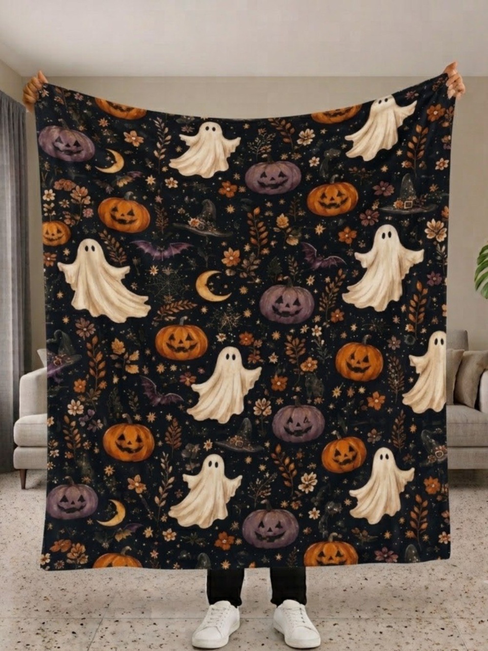 Halloween Ghosts & Pumpkins Plush Sherpa Blanket - Black